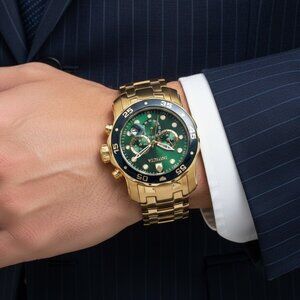NWT Authentic Invicta Pro Diver Chronograph Green Dial 18kt Gold-plated Men's Wa